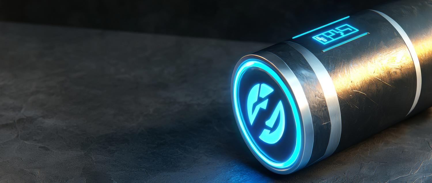 Celda de energía futurista con indicador digital y luces LED azules, simbolizando la innovación en la densidad energética de las baterías.