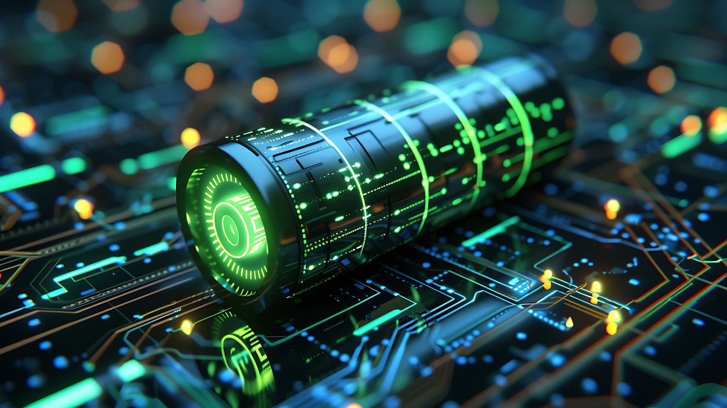 Renderizado 3D de alta calidad de una celda de batería futurista con circuitos luminosos, representando el avance en tecnologías de litio y silicio-carbono.
